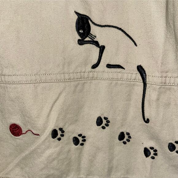 Embroidered Cat Button Up Shirt Shacket Khaki Kitty Top - Picture 10 of 10